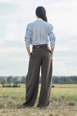 ZARA ШИРОКИЕ БРЮКИ СО СКЛАДКАМИ ИЗ ШЕРСТИЮ, ТЕМНО-КОРИЧНЕВЫЙ