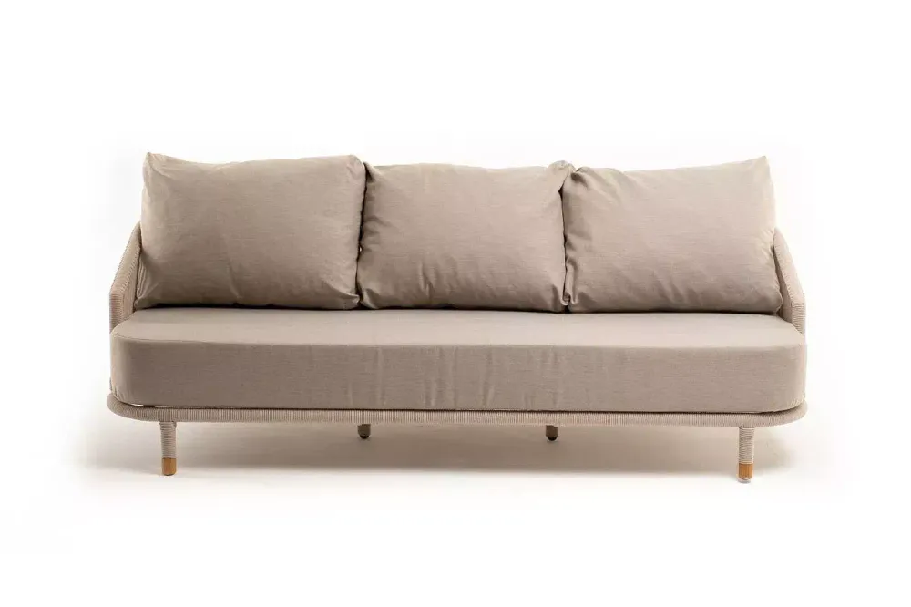 "Верона" диван 3-местный плетеный из роупа, каркас алюминий белый муар, роуп бежевый круглый, ткань бежевая 052