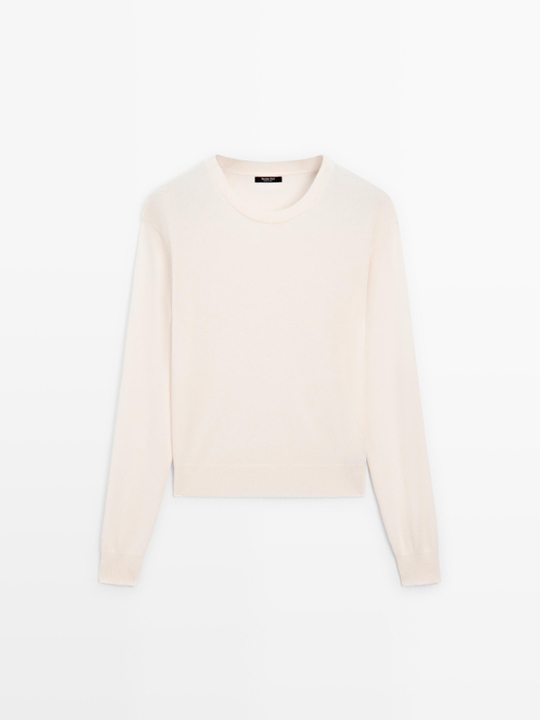 Massimo Dutti Свитер из смесовой шерсти с круглым вырезом, натуральный, кремовый