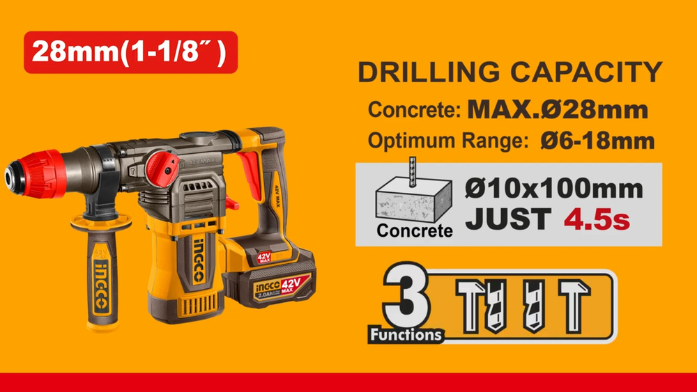 Аккумуляторный бесщеточный перфоратор SDS-Plus INGCO CRHLI422882 INDUSTRIAL 42 В 4.5 Дж