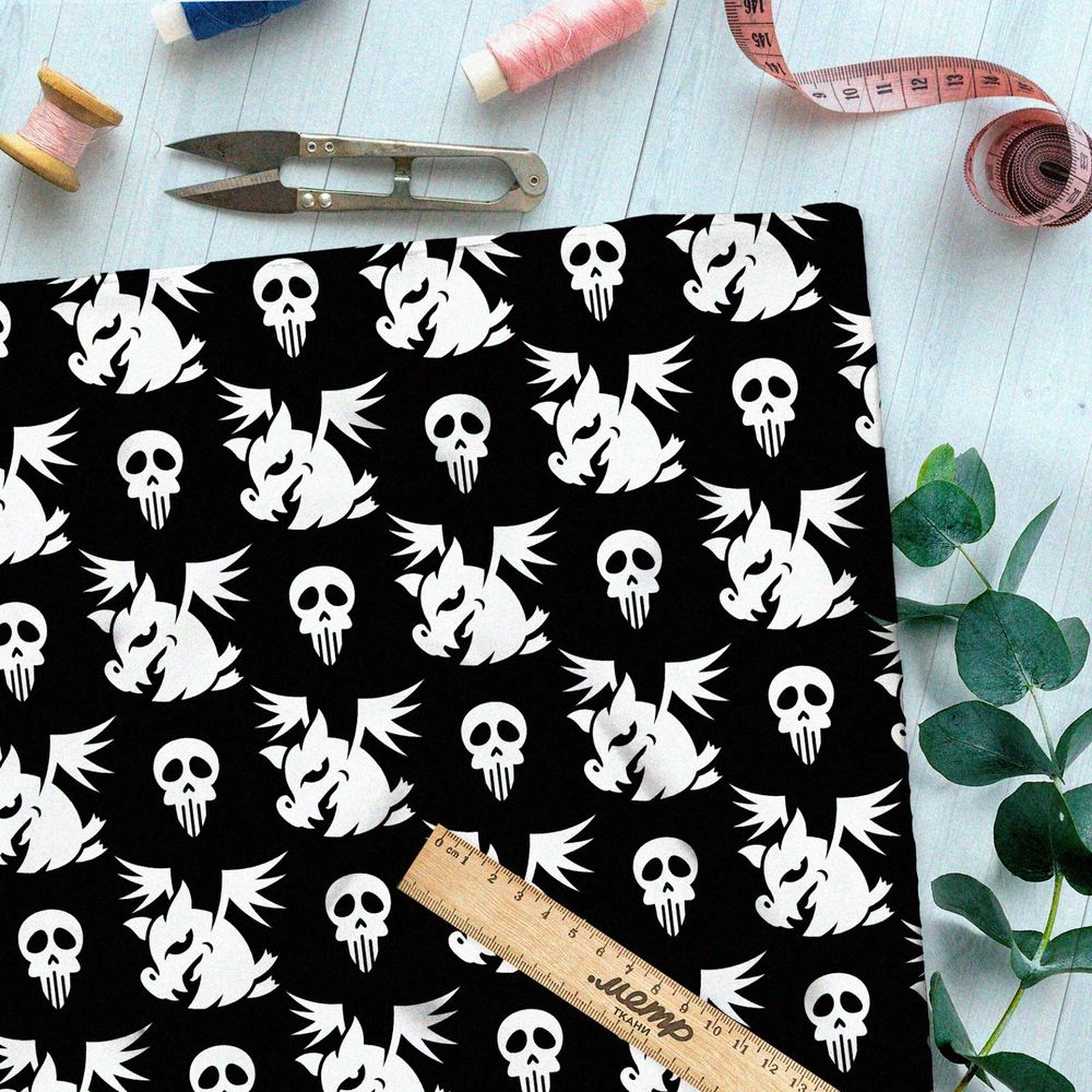 Ткань оксфорд 600 недовольные драконы и черепа на чёрном фоне