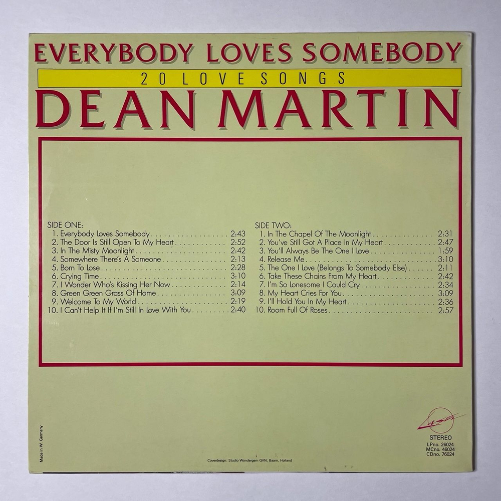 Винтажная виниловая пластинка LP Dean Martin Everybody Loves Somebody (20 Love Songs) (Germany 1987)