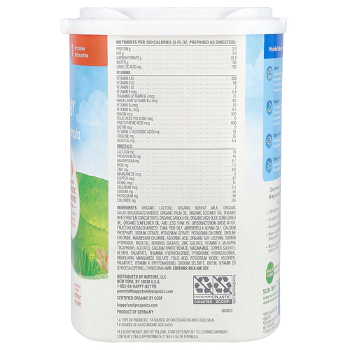 Happy Family Organics, Органическая смесь для младенцев, порошок на молочной основе с железом, 0–12 месяцев, 650 г (22,9 унции)