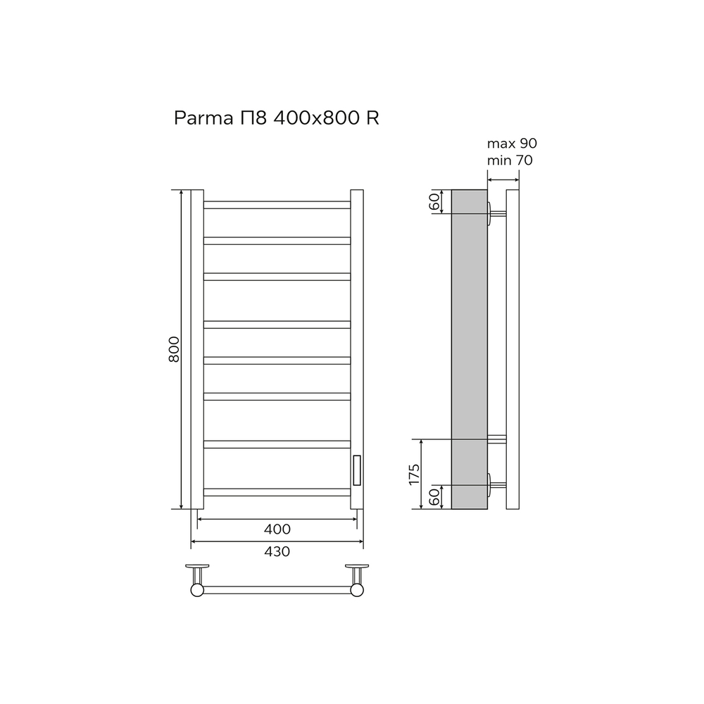 Полотенцесушитель электрический AZARIO PARMA 400/800 8 секций, диммер справа, хром