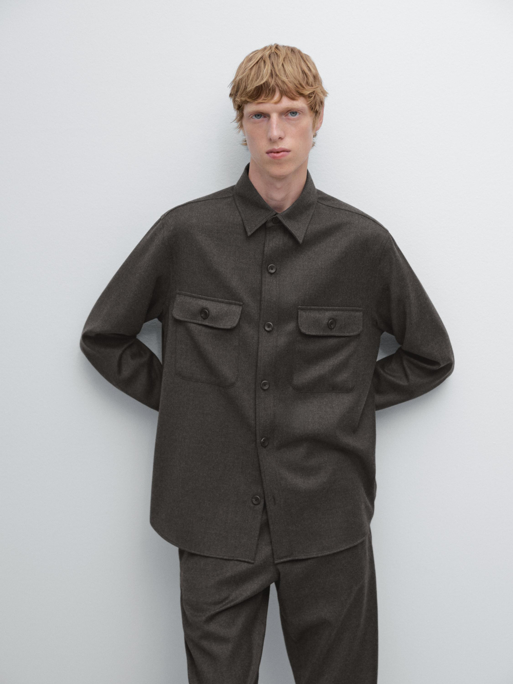 Massimo Dutti Двухслойная куртка-рубашка классического кроя из 100% шерсти, норка