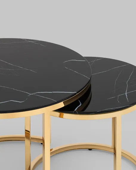 Набор из 2 журнальных столиков Selene Ø60 и Ø45 см, стекло под черный мрамор, золото