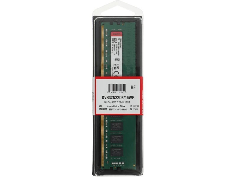 Оперативная память Kingston KVR32N22D8/16WP, DDR4 1х 16ГБ 3200 МГц, DIMM, RTL