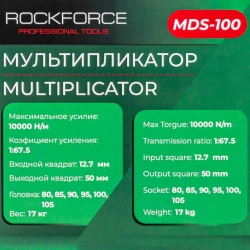 Мультипликатор (10000N/m,коэф-т усиления 1:67.5,входной квадрат 12.7мм,выходной квадрат 50мм,головки:80,85,90,95,100,105мм),в кейсе RockFORCE RF-MDS-100