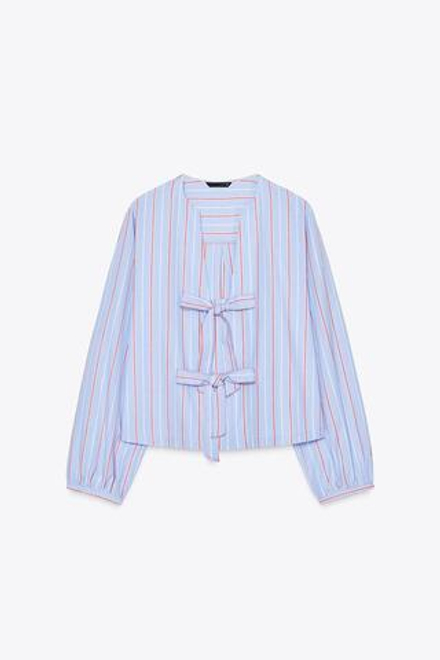 ZARA РУБАШКА ИЗ ПОПЛИНА В ПОЛОСКУ С БАНТАМИ, ПОЛОСКИ