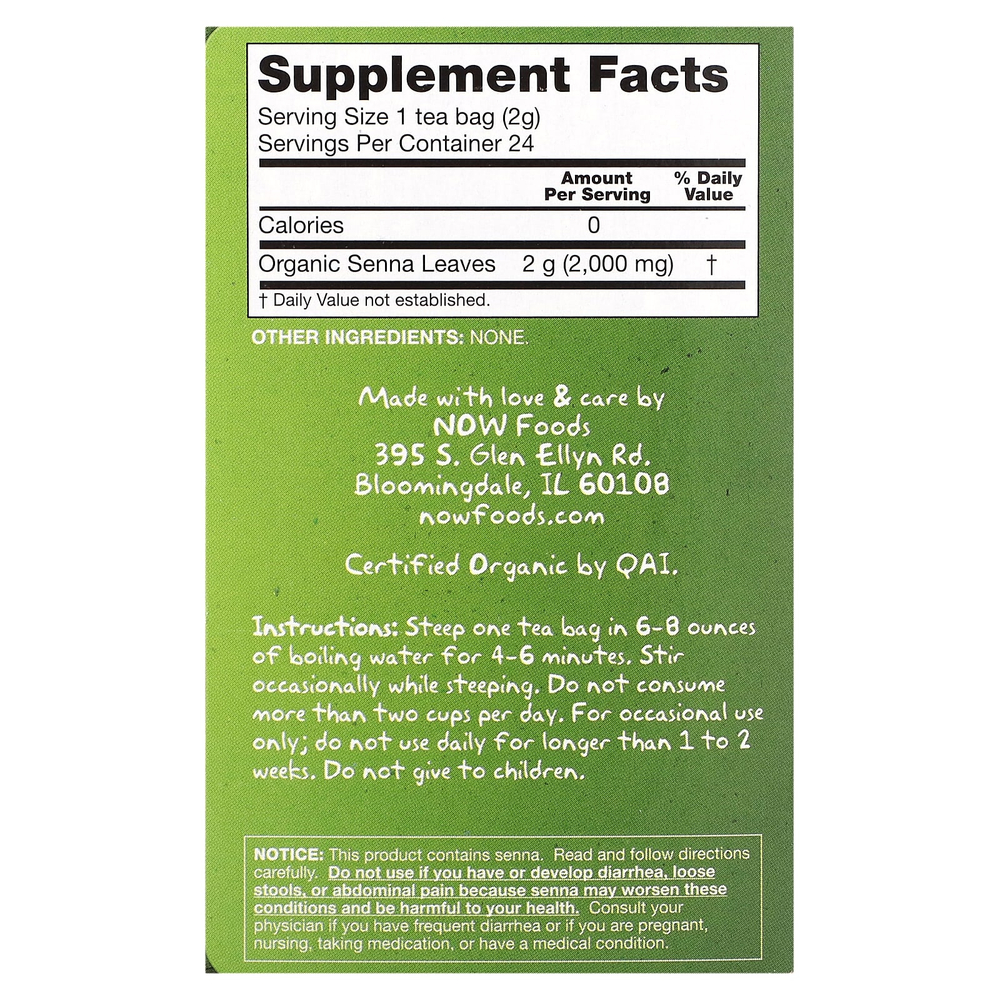 NOW Foods, Real Tea, органический чай сенна, без кофеина, 24 чайных пакетика, 48 г (1,7 унции)