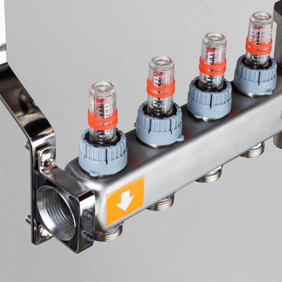 Коллекторный блок Valtec 1"x3/4" 6 выходов с расходомерами (нерж. сталь) VTc.579.EMNX.0606