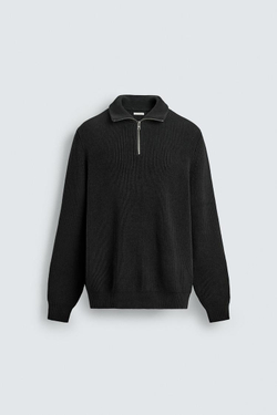 ZARA ДЖЕМПЕР ВЯЗАНЫЙ ЖЕМЧУЖНЫМ УЗОРОМ С ВОРОТНИКОМ НА МОЛНИИ, ЧЕРНЫЙ