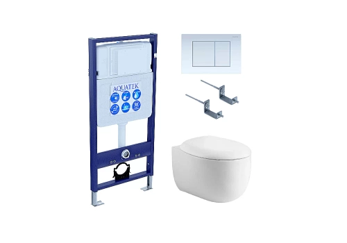 Унитаз Aquatek Альтаир SET AQUATEK АЛЬТАИР cm-009 4в1 с инсталляцией и белой кнопкой, с крышкой микролифт, безободковый