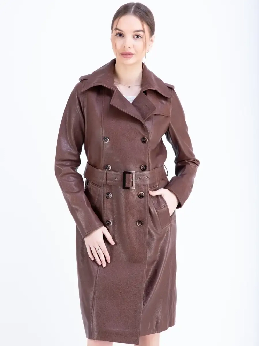 Тренч длинный кожаный с поясом плащ на весну