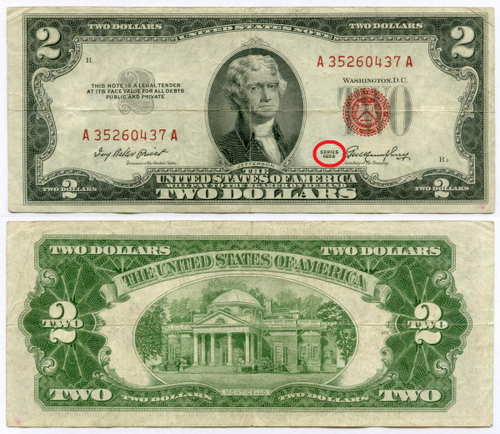 Банкнота США 2 доллара 1953 A 35260437 A. VF