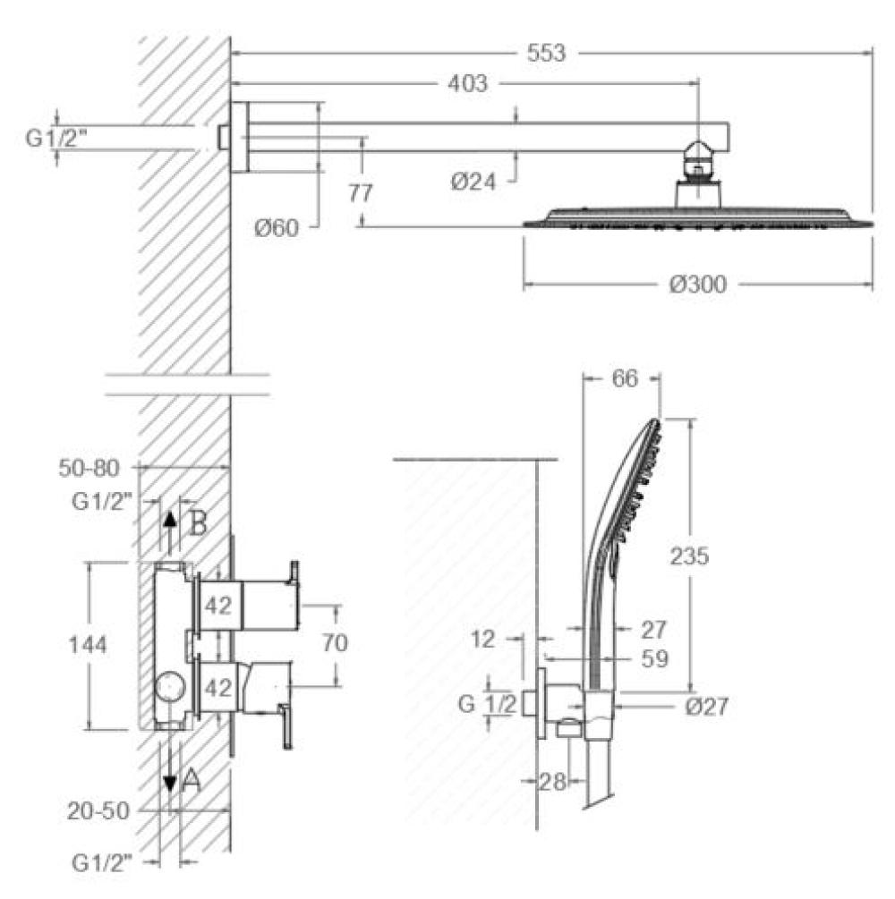 Встраиваемый смеситель для душа с тропическим и ручным душем BLAUTHERM 941512RP300CUC медь
