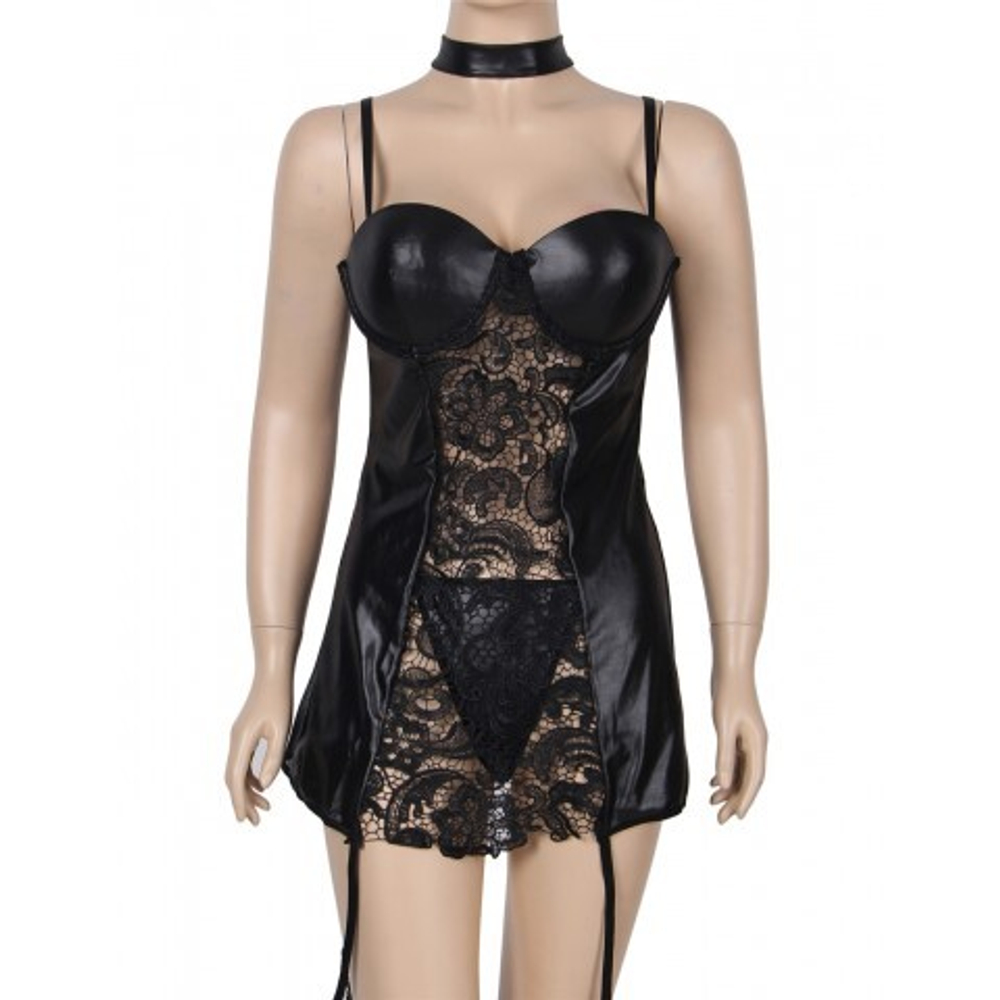 Платье кожаное с пажиками для чулок Ohyeah с кружевом +стринги, XL-2XL