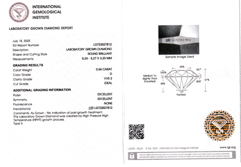 Лабораторно-выращенный бриллиант Кр-57 5.24-5.27 мм D/VVS2 0.54 ct