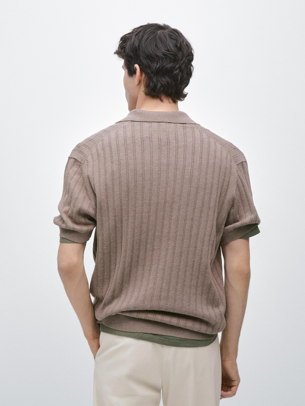 Massimo Dutti Трикотажный свитер из смесового хлопка с воротником-поло, норка