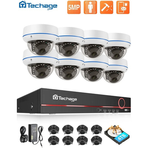 Комплект видеонаблюдения Techage, 8 камер 5MP PoE, видеорегистратор, HDD 4Tb, набор кабелей (TA-6708KR-8-DM13EP-50G-4T)