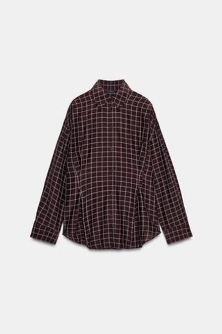 ZARA РУБАШКА OVERSIZE В КЛЕТКУ, КОРИЧНЕВЫЙ/ЭКРЮ