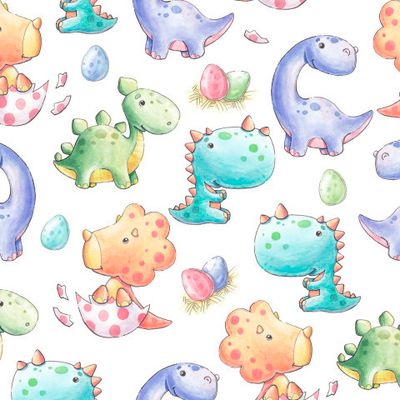 Разноцветные динозавры. Акварельный принт.