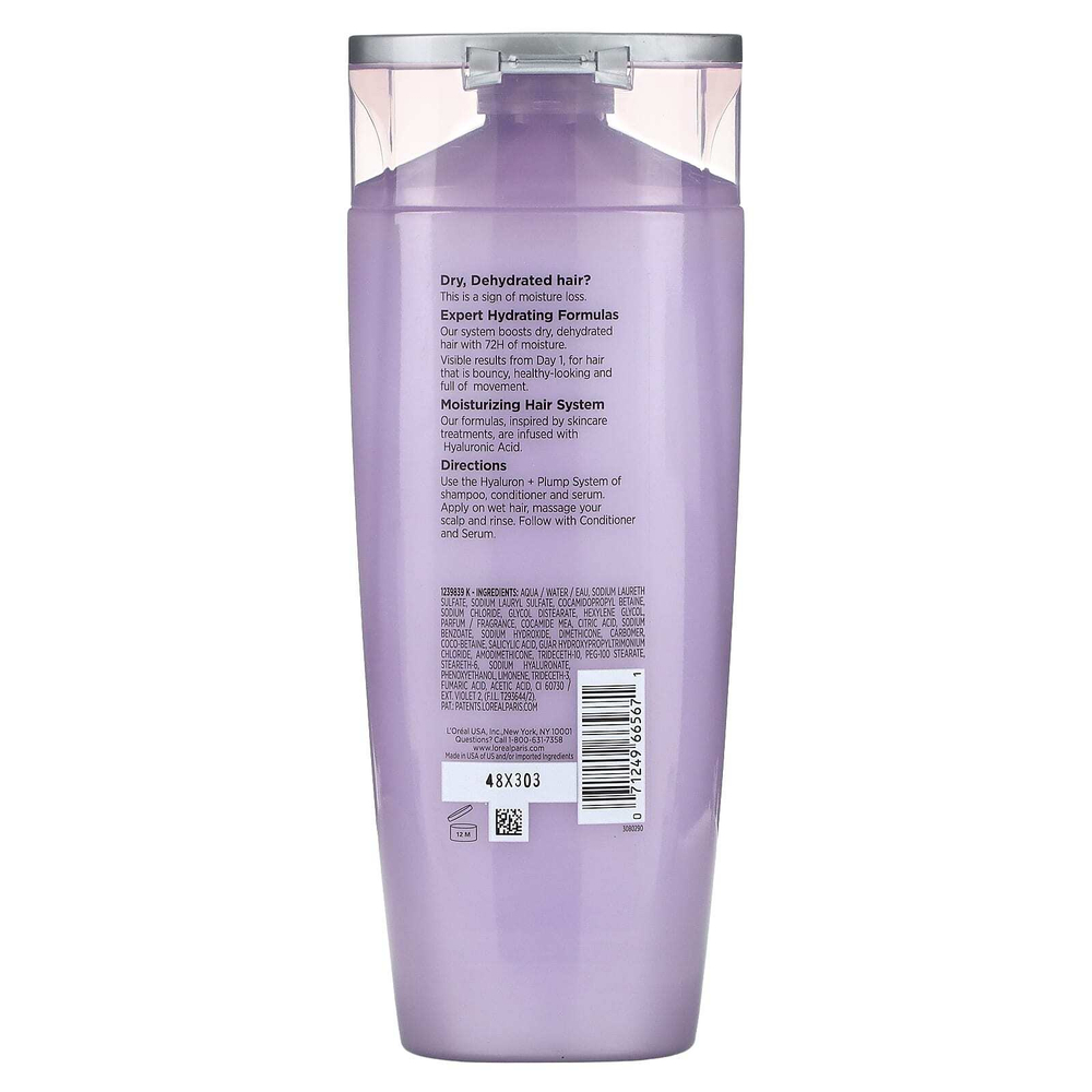 L'Oréal, Elvive, Hyaluron + Plump, увлажняющий шампунь на 72 часа, для сухих и обезвоженных волос, 375 мл (12,6 жидк. унц.)