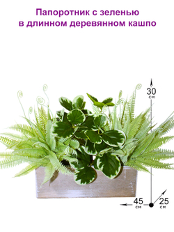 Искусственное растение Папоротник с зеленью 45см в деревянном кашпо