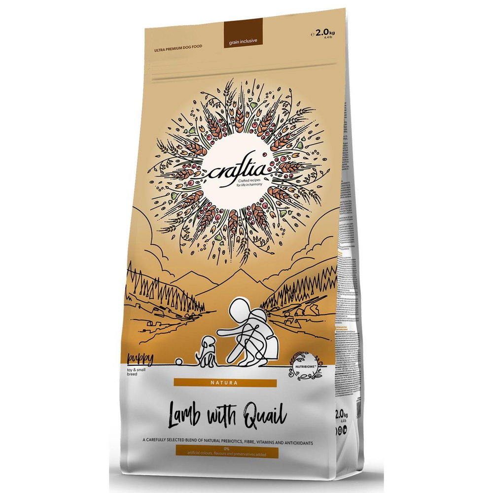 Корм для щенков Craftia Natura, 2 кг, ягненок и перепелка