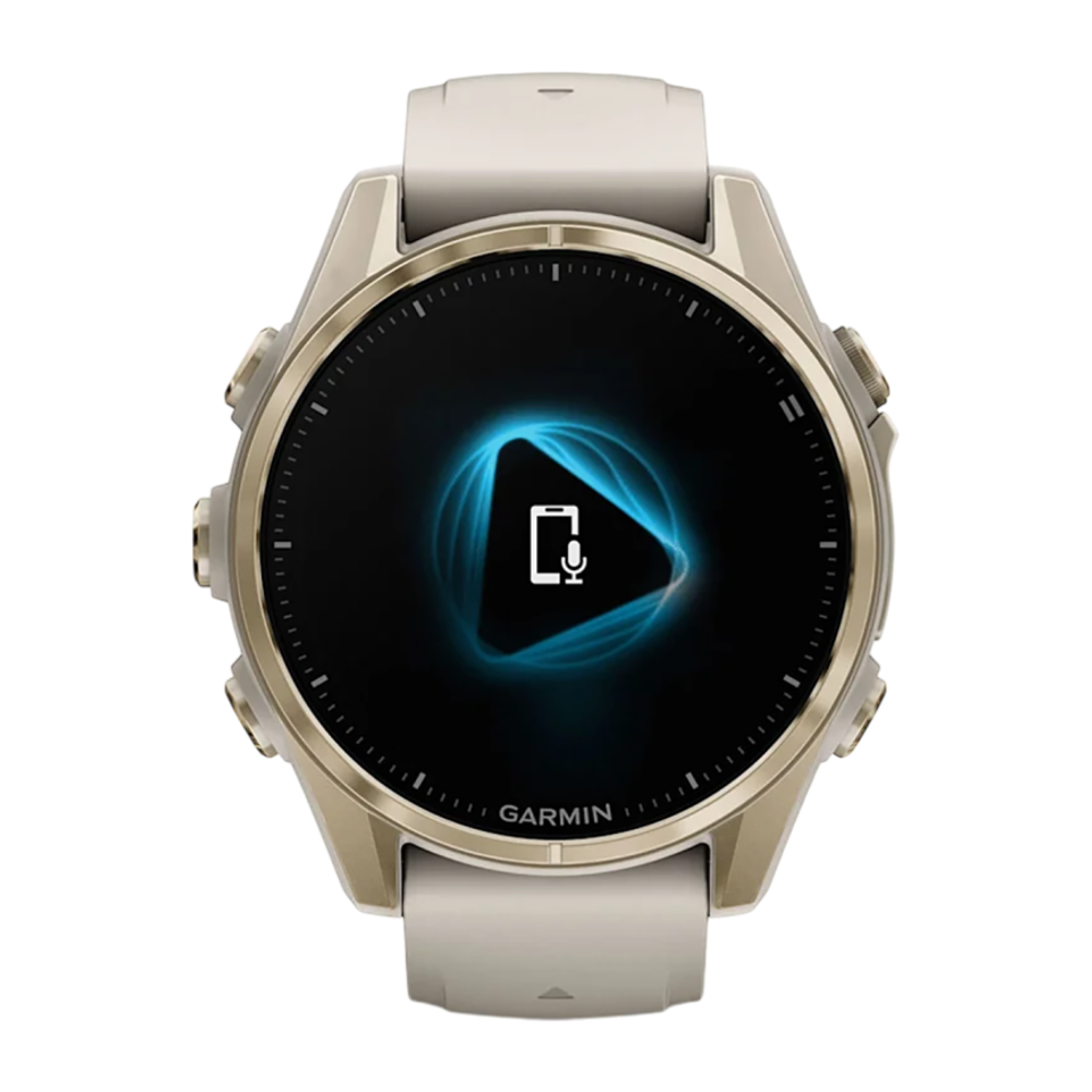 Спортивные часы Garmin fenix 8, 43 мм, AMOLED, сталь, сапфир, силиконовый ремешок цвета «серый туман»/«тёмный песчаник» Золотистый безель из нержавеющей стали, AMOLED-дисплей. Ремешок с классической застёжкой — на запястье обхватом 108–182 мм