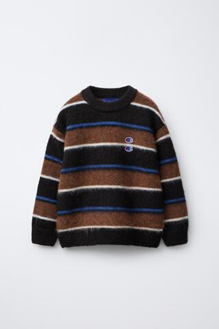ZARA X CHAMPION ® ТРИКОТАЖНЫЙ ДЖЕМПЕР В ПОЛОСКУ, КОРИЧНЕВЫЙ
