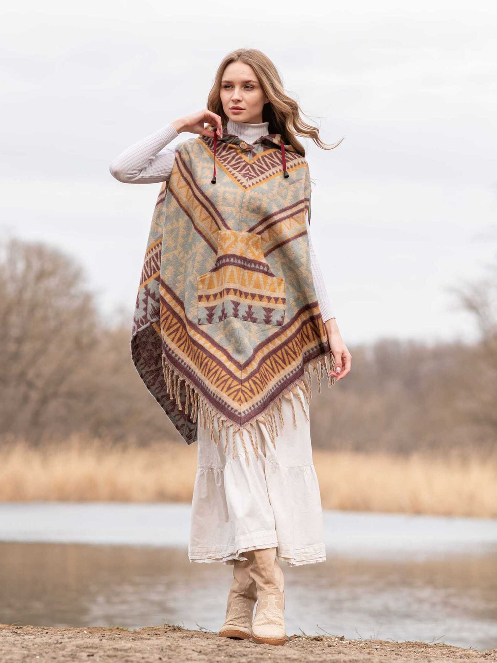 пончо женское с капюшоном