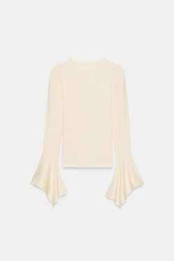 ZARA ФУТБОЛКА С ДЛИННЫМИ РУКАВАМИ И ВОЛАНОМ, ЖЕЛТОВАТО-БЕЛЫЙ