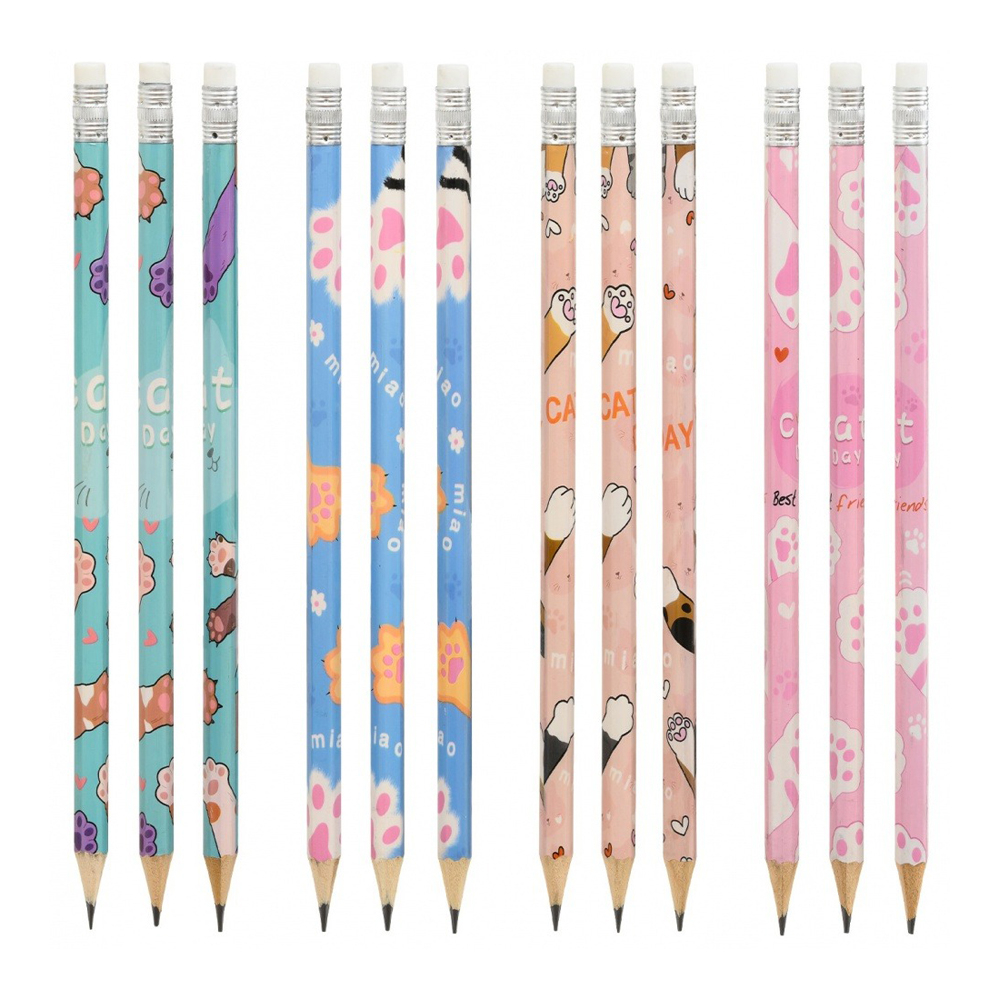 Карандаш простой, чернографитный, Basir, деревянный, с ластиком, цветной корпус с рисунком, серия "Лапки", 12 шт