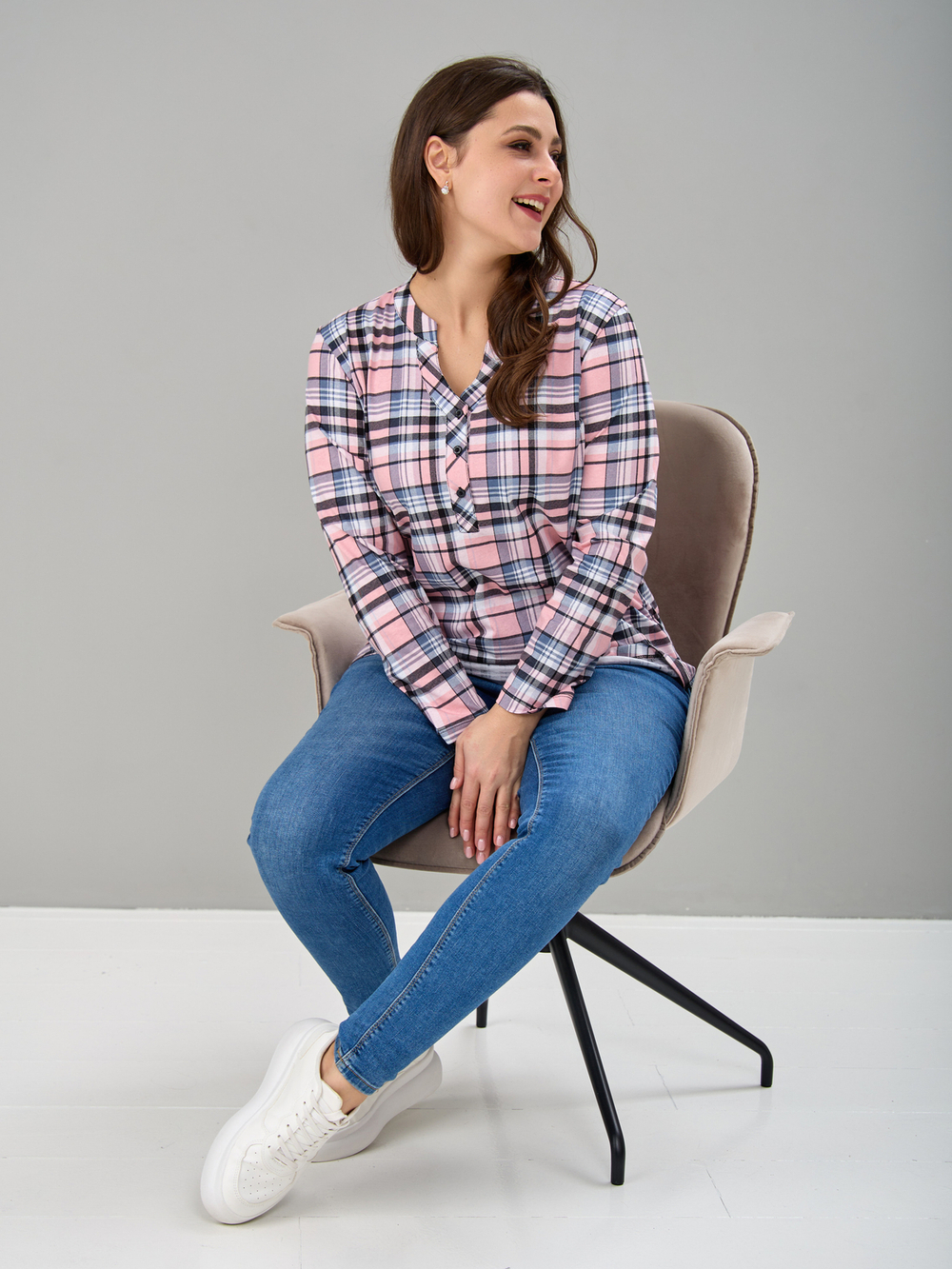 Блузка БЛ-22/клеткарозовый-индиго