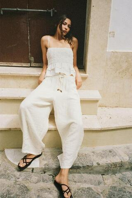 ZARA БРЮКИ BARREL В СЕЛЬСКОМ СТИЛЕ, ЭКРЮ