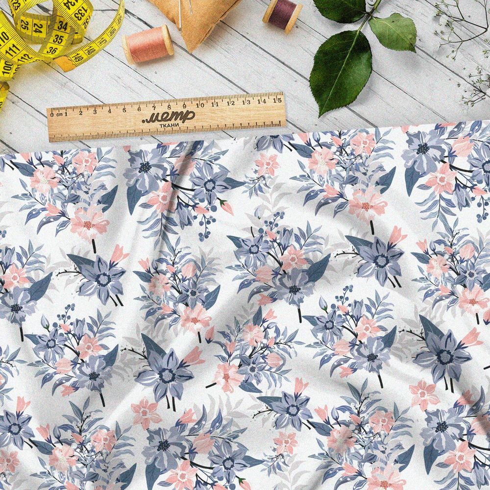 Ткань атлас букеты цветов с листьями