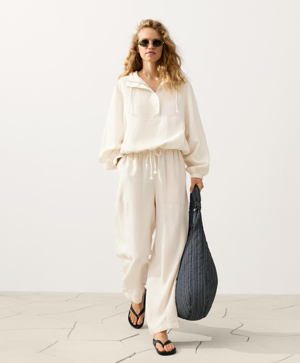 Oysho Прямые брюки из смеси лиоцелла и 24% льна, экрю