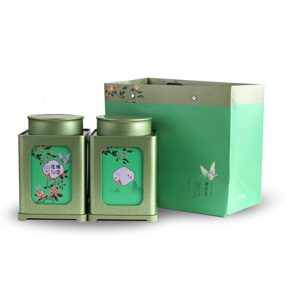 319091 Набор подарочный "Бабочки", сумка+2 банки 15,5*10,5*10,5см, жесть зелёный