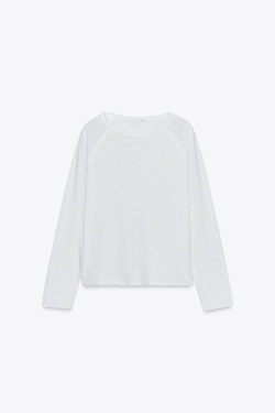 ZARA ФУТБОЛКА С ДЛИННЫМИ РУКАВАМИ, БЕЛЫЙ