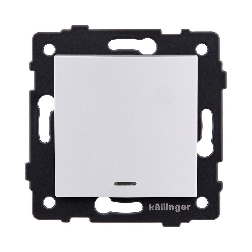 Выключатель кнопочный 1-клавишный 10А/250В с LED подсветкой, изогнутый, белый Kollinger REA-R-013WH для Aspekt, Eleganz, Reflex