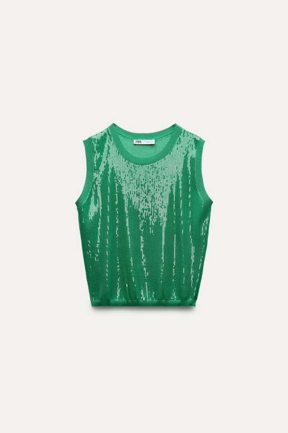ZARA ТРИКОТАЖНЫЙ ТОП С ПАЙЕТКАМИ БЕЗ РУКАВОВ, ИЗУМРУДНЫЙ