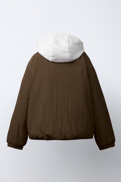 ZARA СТЕГАНАЯ КУРТКА С КАПЮШОНОМ И ФЛИСОВОЙ ПОДКЛАДКОЙ, КОРИЧНЕВЫЙ