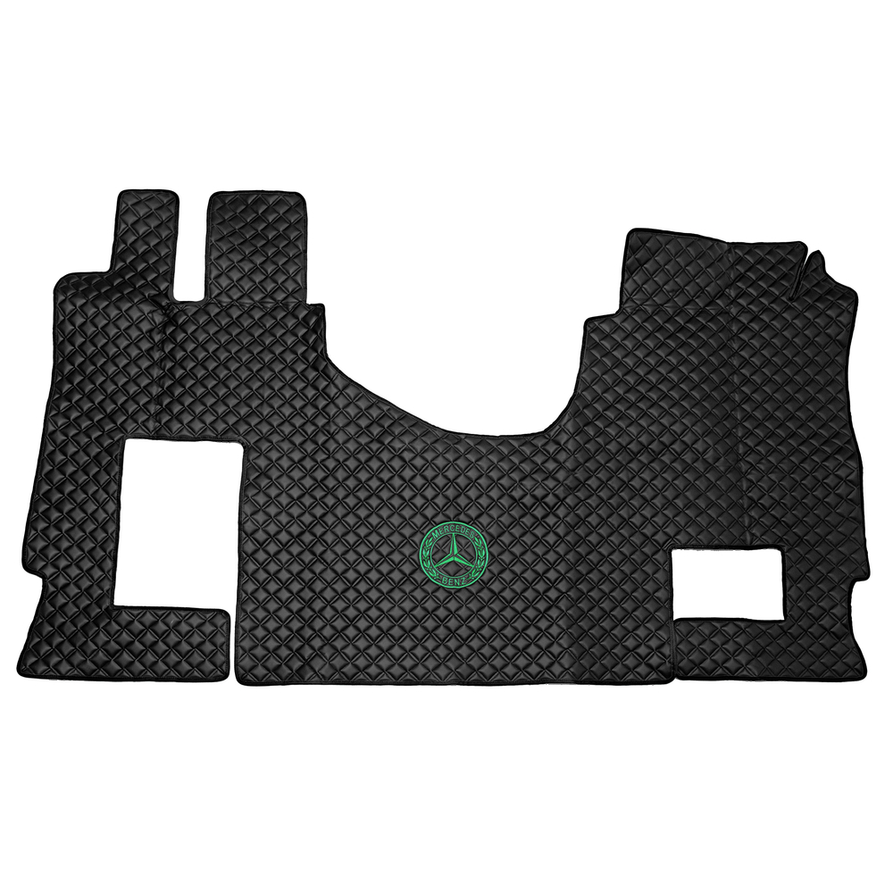 Ковры MERCEDES MP4 ровный пол (экокожа, черный, черный кант, зеленая вышивка)
