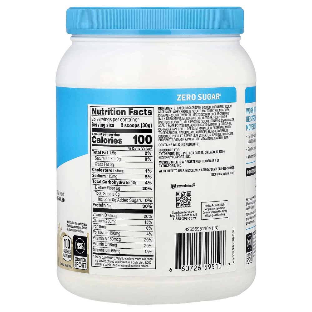 Muscle Milk, Zero, Protein Powder, Vanilla Creme, 1.65 lb (750 g)