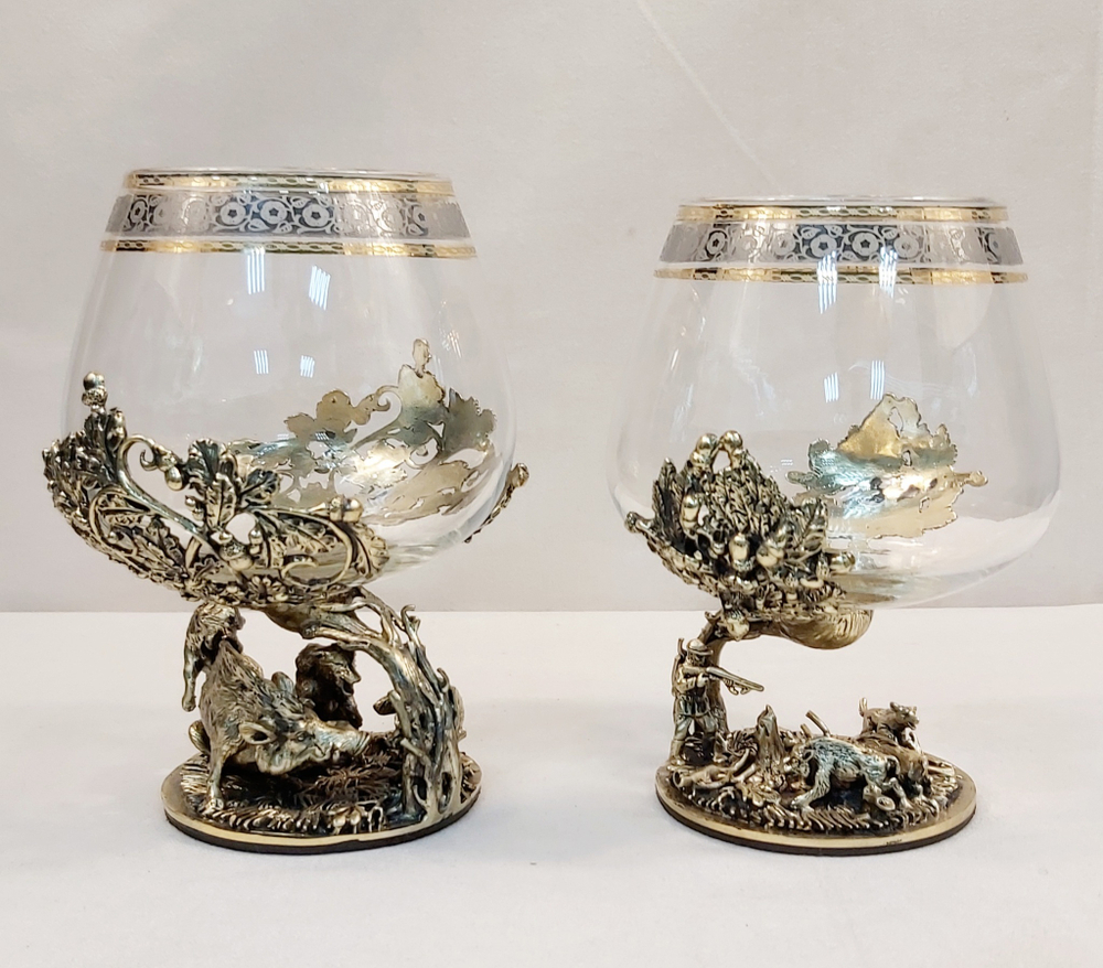 Набор из 2-х бокалов для коньяка "Охота на вепря и Охота на кабана" (подарочный футляр)