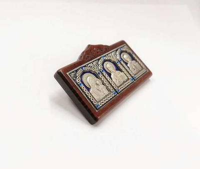 Автоикона тройная А45-3 "Пресвятая Богородица, Господь Вседержитель, свт. Николай Чудотворец" (дерево, медь, стразы)