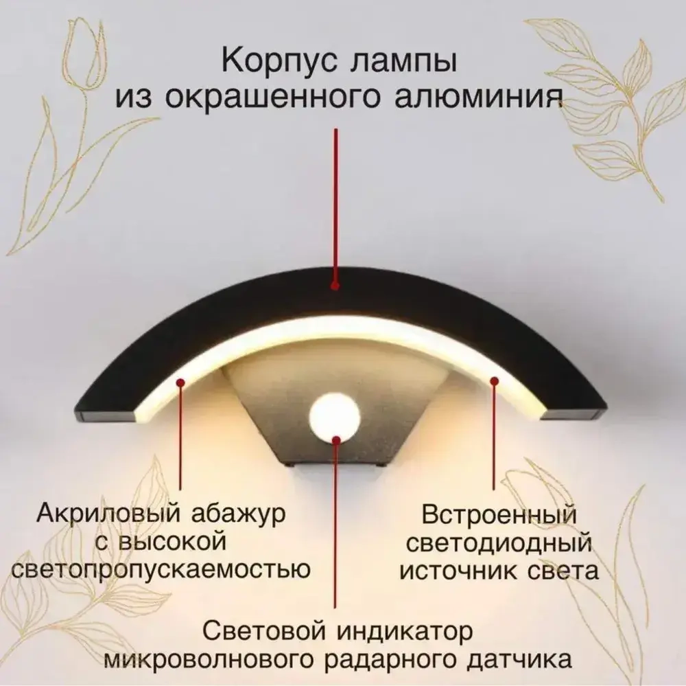 Светильник настенный светодиодный, бра, уличный фонарь с датчиком движения, влагозащищенный IP65,18 Вт, черный 4000K