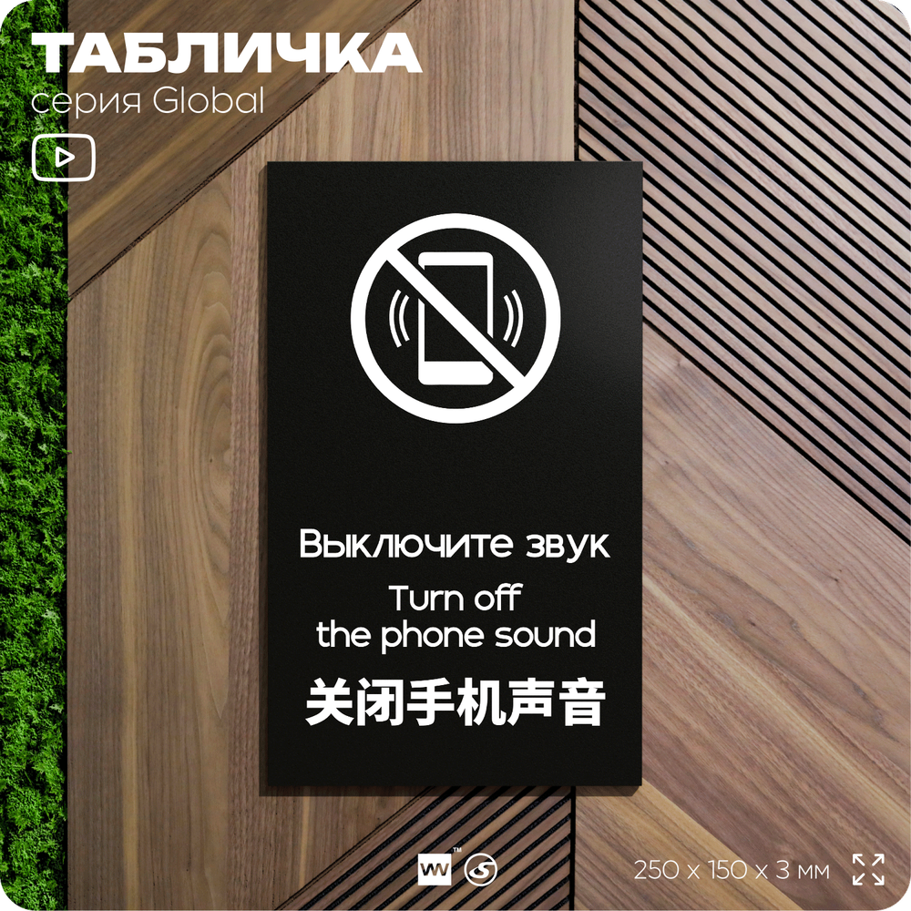 Табличка Выключите звуковой сигнал мобильного телефона, на дверь и стену, информационная и мультиязычная (русский, английский, китайский), серия GLOBAL, 25х15 см, Айдентика Технолоджи