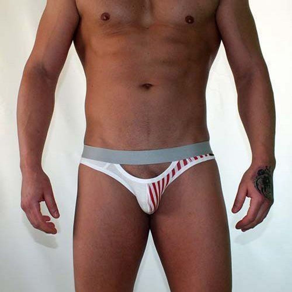 Трусы мужские брифы белые с красными полосами и с вырезами спереди и сзади Van Baam 38153